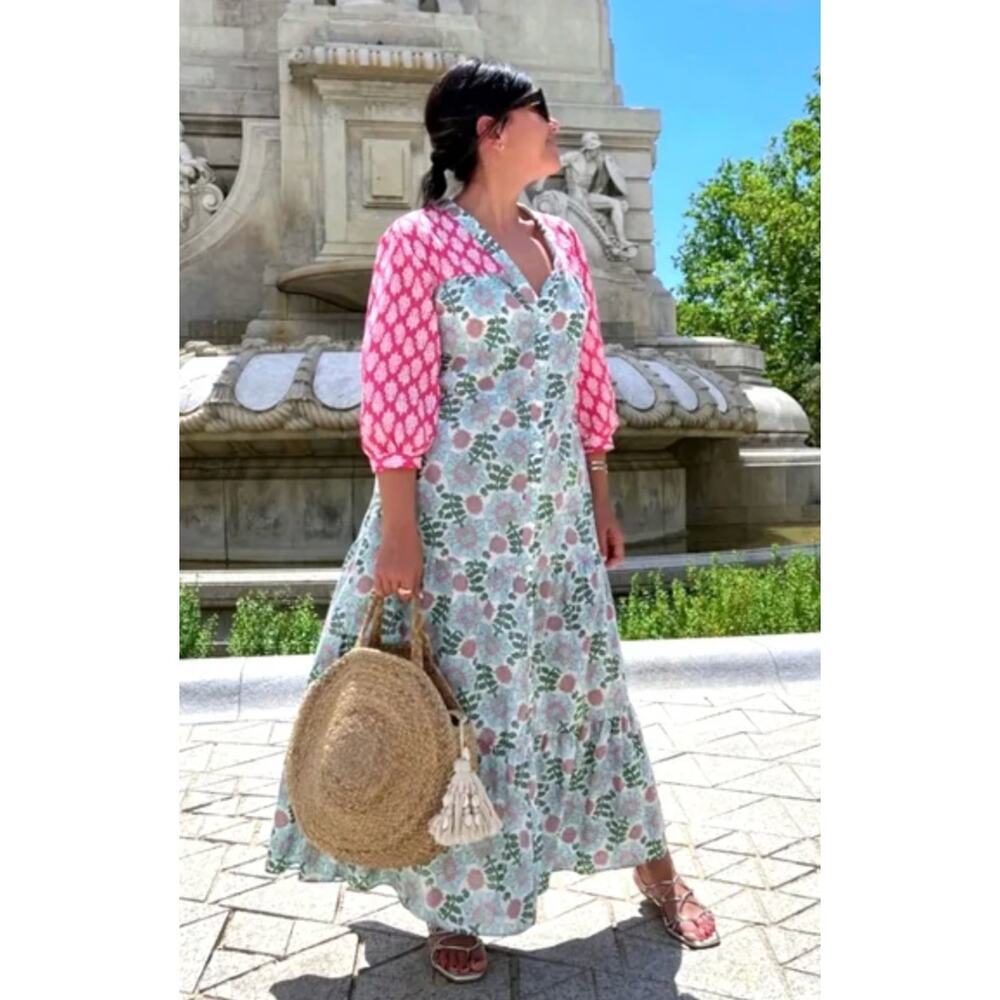 Zara Paloma Floral Block Print Midi Cotton Button Down V-Neck Dress XS